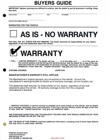 BUYERS GUIDES W/ WARRANTY - 2-PART CARBONLESS - SEALS ON 4 SIDES